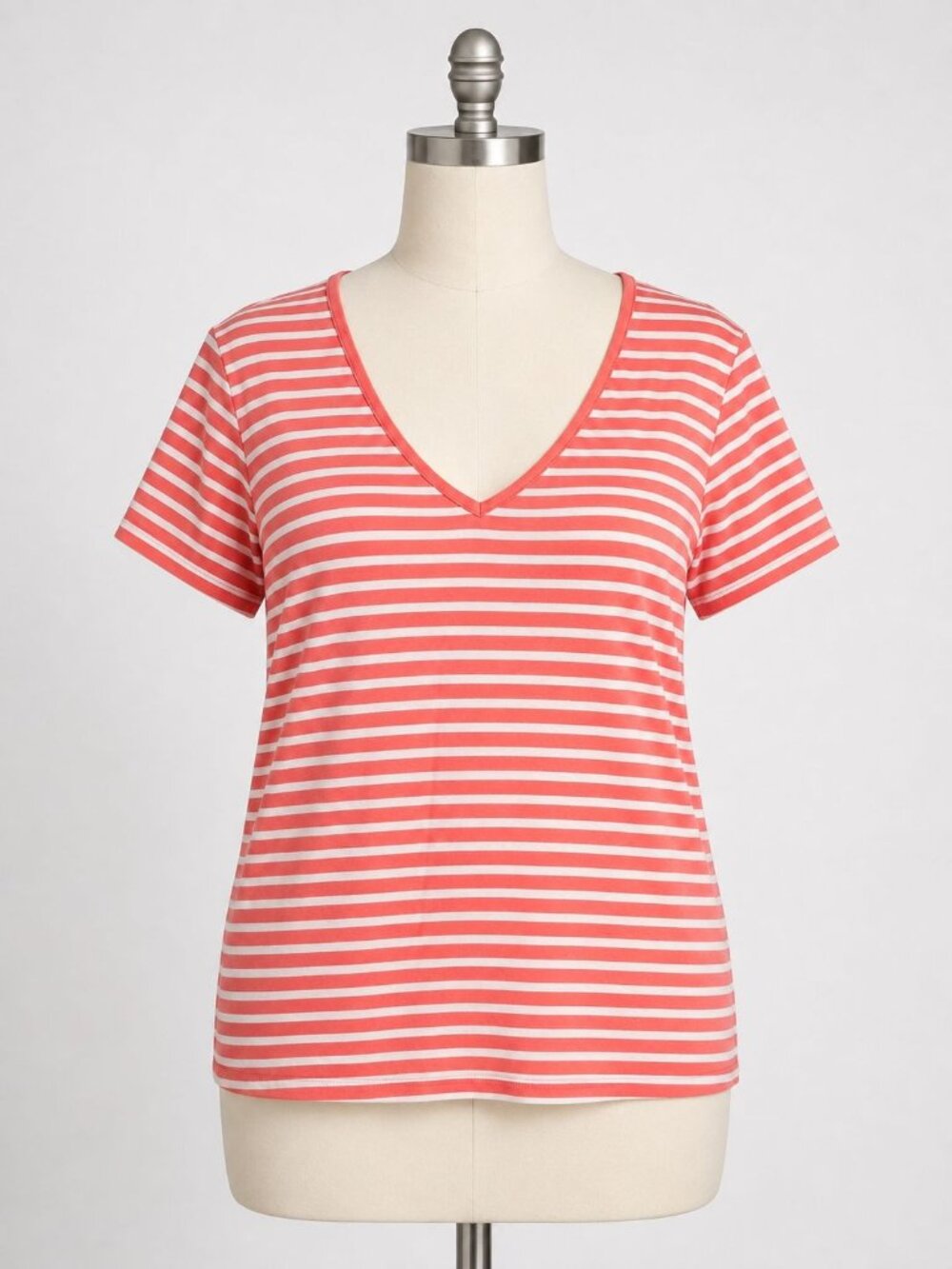 Universal Standard Striped V-Neck Short Sleeve Tee Orange White L 22-24
